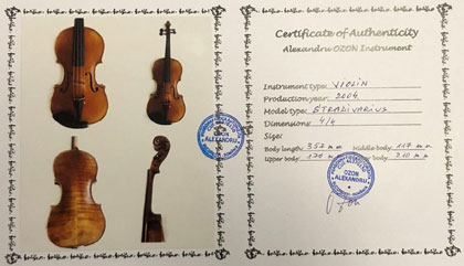 Certificat de autenticitate vioara Alexandru Ozon