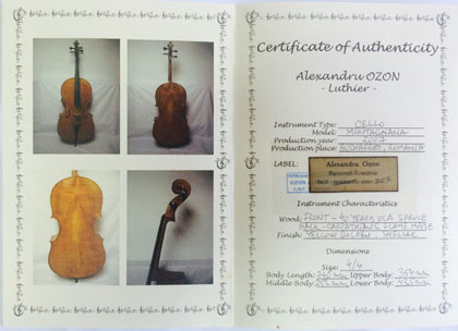 Certificat de autenticitate violoncel Alexandru Ozon